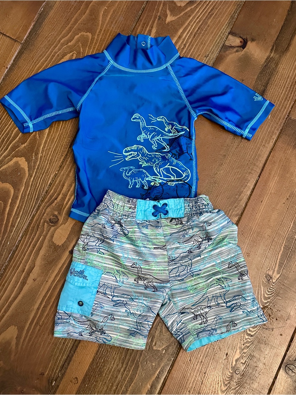 Blue Dinosaur Short-Sleeve Rashguard Swim Set for Kids